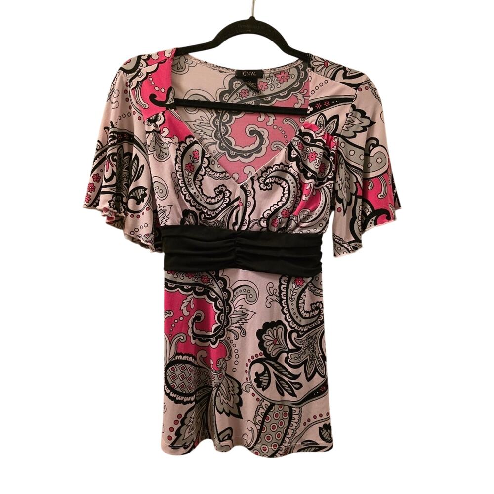 Vtg Y2K 90s Babydoll Paisley Print Short Flutter Sleeve Top Sz M GNW Pink White